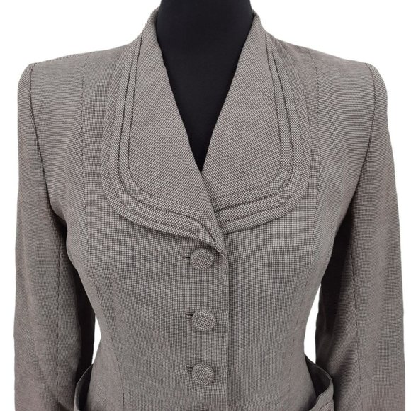 VTG 40s Brown Houndstooth Gabardine Blazer Pencil Skirt Suit Set Size S Neutral - Picture 3 of 11